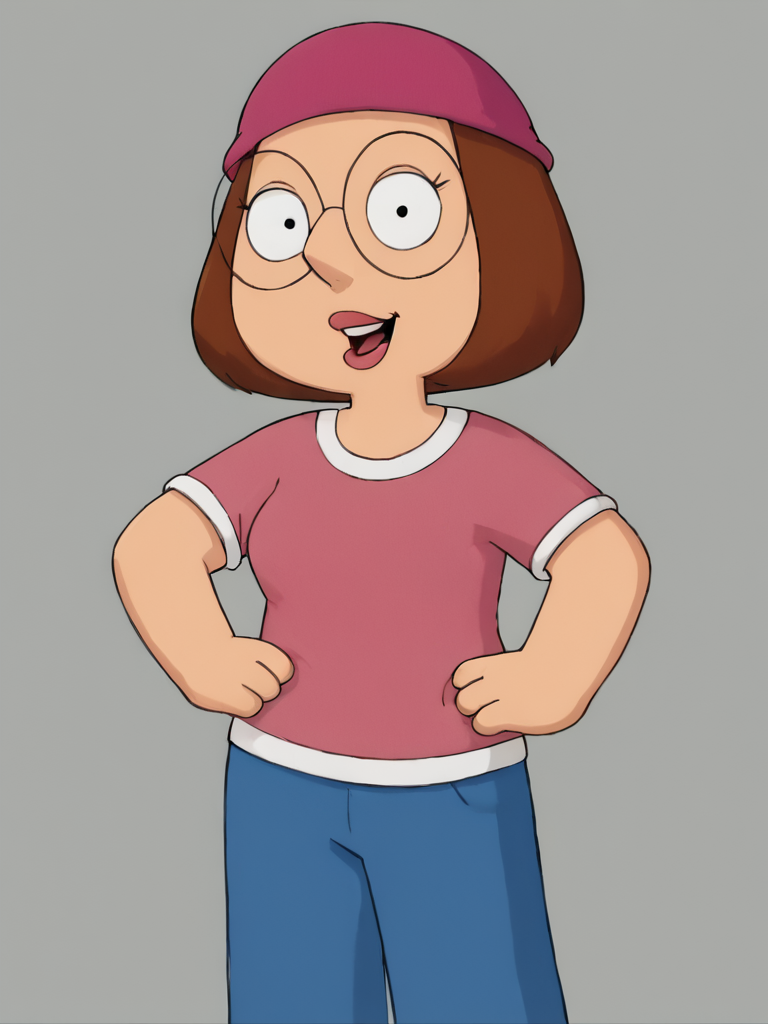 <lora:Meg_Griffin:0.9> meg, brown hair, 1girl, glasses, solo, short hair, pink shirt, blue pants, beanie, smile, thick lips, open mouth,upper teeth only,    looking at viewer, hand on own hip,, score_9, score_8_up, score_7_up, score_6_up, score_5_up, score_4_up,simple background,