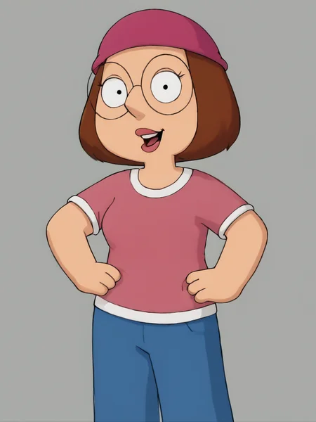 <lora:Meg_Griffin:0.9> meg, brown hair, 1girl, glasses, solo, short hair, pink shirt, blue pants, beanie, smile, thick lips, open mouth,upper teeth only, looking at viewer, hand on own hip,, score_9, score_8_up, score_7_up, score_6_up, score_5_up, score_4_up,simple background,