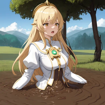 masterpiece, best quality, digital art, deviantart, 1girl, golden hair, large breasts, white dress, gold ornaments, priestess, green grass, hills in the distance, trees, flowers, blue sky, partially submerged, brown mud, mud bog, sticky mud, scared, worried, screaming, close up, upper body shot