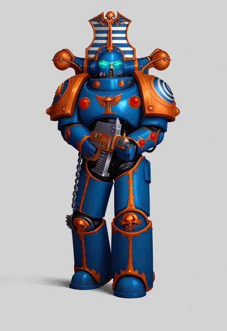 Score_9_up, absurdres, Source: GamesWorkshop, best quality, expressive eyes, perfect face, space marine, Thousand Sons Traitor Astartes Chapter sorceror holding a chainsword, astartes helmet, full body, volumetric lighting project unreal engine, mantisdetailerse, adddetails, GreyK40k, <lora:PeopleCountSliderLoRAv1:2.0>, <lora:warhammerAdeptus_v1:0.7>,