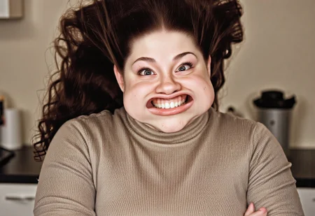 A medium shot photograph of a curvy woman Gina with medium length hair standing in a kitchen. She has curly brown hair, lots of freckles on her nose and forehead, and brown eyes. Shortstack. She is curvy and voluptuous. She is wearing a turtleneck sweater that accentuates her large breasts. She has wide nostrils and a beautiful large smile. plump lips. w1nd8l0wn photo of a squinting woman's perfect teeth. windy. She is wearing lipgloss. big wide open mouth. stretchy flappy lips fully exposing gums and teeth. She is leaning on a counter with her arms crossed, with a flirty look. realistic. high-definition.
