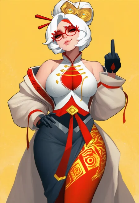 masterpiece, best quality, absurdres, yellow background,1girl,prhn11, white hair, red eyes, red-framed glasses, hair sticks, hair ornament, hair bun, sleeveless shirt,white shirt, beige coat, red trim, black skirt, sash,red pantyhose, black gloves,looking at viewer,hand up, hand on hip, middle finger, lips,smug,head tilt <lora:prah_n11:0.8> <lora:ickp_n11:1>