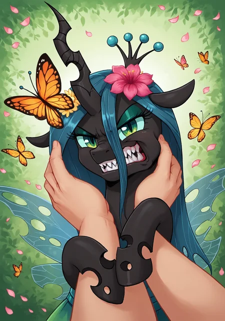 masterpiece, score_9_up, score_8_up, score_7_up, score_6_up, source_pony, (best quality:1.1), ultra-detailed, high resolution, highly detailed macro illustration, solo BREAK queen chrysalis, changeling queen, mlp, feral, female, black skin, shiny skin, (beautiful eyes), long eyelashes, (wings:1.3), (angry expression, cute face:1.2), sharp teeth, head tilted BREAK <lora:guided-hand-on-cheek-ponyxl-lora-nochekaiser:0.9>, guided hand on cheek, hand grab, hand on another's cheek, hand on another's face, looking at viewer, pov, pov hands, (upper body shot), (close-up) BREAK (floral headpiece:1.4), (fairy-like dress with layered tulle, petals and glowing accents:1.4) BREAK abstract spring background, (flowers:1.4), (butterflies:1.4) BREAK sharp focus, perfect lighting, anatomically correct, extremely detailed, high detail, detailed background, OverallDetail, zPDXL3