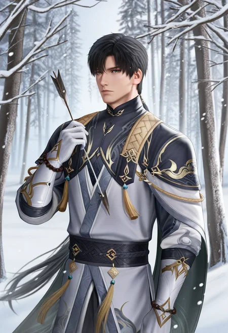 1boy, male focus, looking at viewer, LADS_Zayne, LADS_Zayne_black_hair, LADS_Zayne_hazel_green_eyes, LADS_Zayne_dark_coat, LADS_Zayne_gold_trim, LADS_Zayne_cape, LADS_Zayne_white_gloves, Chinese clothes, snow, snow-covered branches, feather arrow, holding arrow, winter forest, bracelet, tassel accessory, long hair, dramatic lighting, side view, fantasy, pensive expression, falling snow, Chinese fantasy, elegant atmosphere, masterpiece, best quality, ultra-detailed, absurdres, cinematic lighting, realistic shading, intricate details, shiny skin, newest, 8k resolution, octane render, <lora:LoveDeepSpace_Zayne:0.8>
