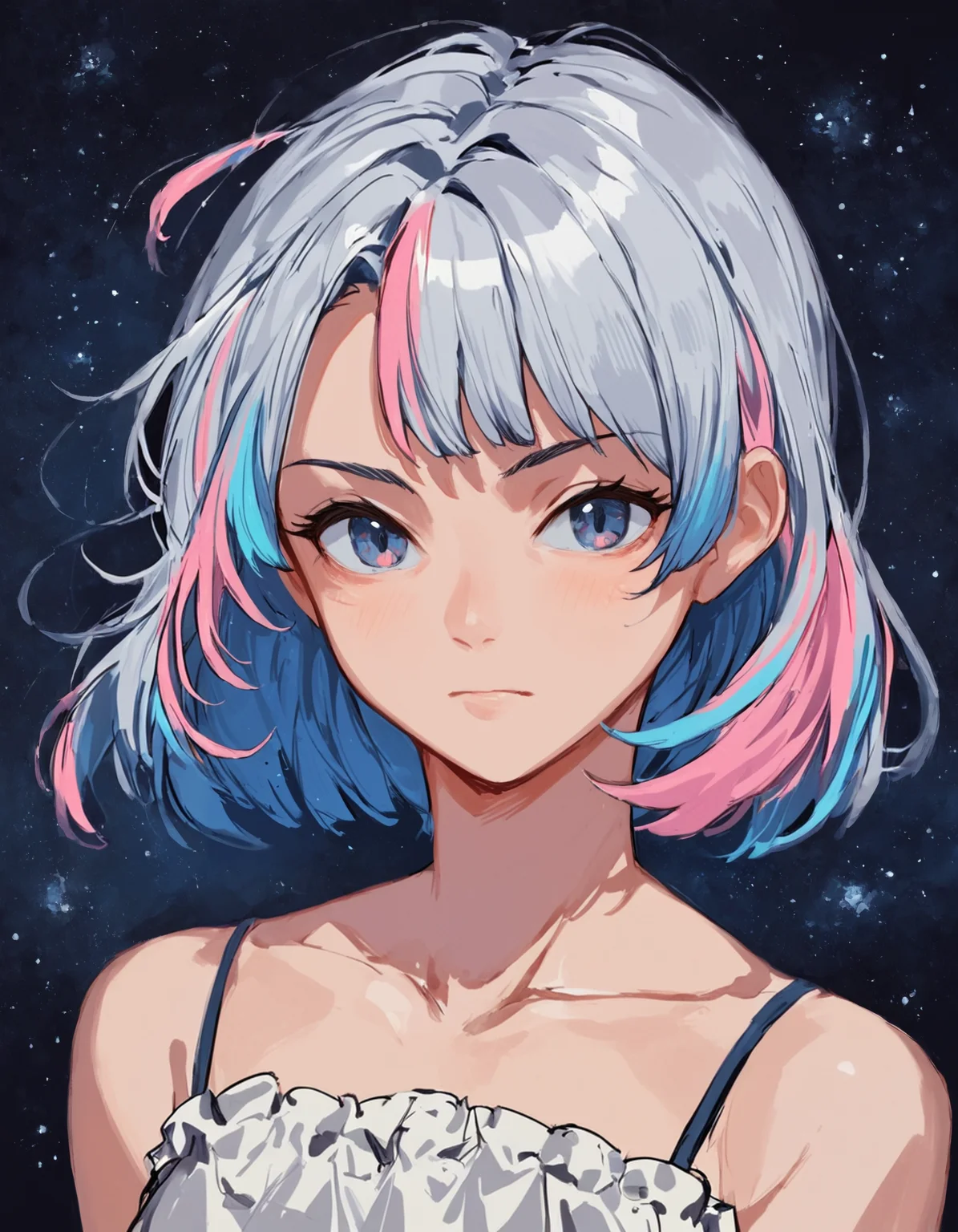 score_9, score_8_up, score_7_up, score_6_up, score_5_up, sketch,  source_anime, 1girl, portrait,  multicolored hair, fringe, bare shoulders, upper body, cosmic, collarbone, out of frame, <lora:ra1nfall:1>