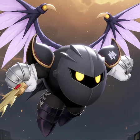 MetaknightXL, mask, yellow eyes, wings,<lora:MetaknightXL:1>, black outfit, (anime, masterpiece, intricate:1.3), (best quality, hires textures, high detail:1.2), (4k),(incredibly detailed:1.4),UHD, 8K, ultra detailed