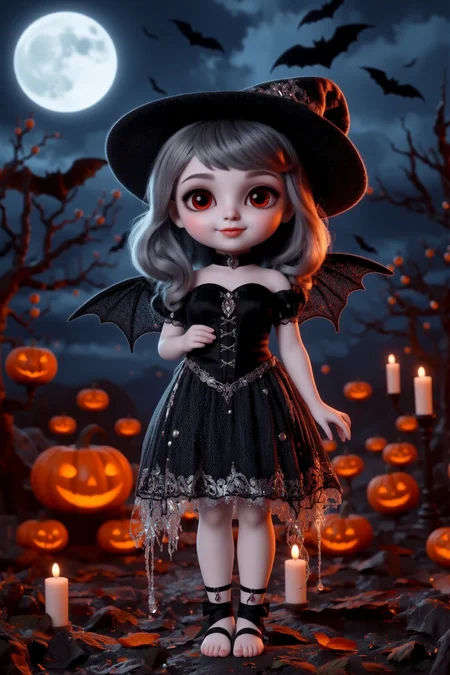 cute, halloween night, horror, (bats), moon in the sky, portrait, (standing:1.2),  happy smiling, red eyes,(very detailed), best quality,  sharp focus, Pewter glowing spectral dress, floating candles, gothic horror, eerie stillness before rain, orange glow from jack-o'-lanterns, ethereal lights, backlight, shadows, high contrast, hdr, <lora:Anti-Blur:0.8> <lora:Hand v2:0.8> Detailed hand, Hand, Perfect hand <lora:aidmaImageUpgrader:0.8> aidmaimageupgrader  <lora:PinkieChibiHalloweenFLUX:0.8> pinkchibihalloween