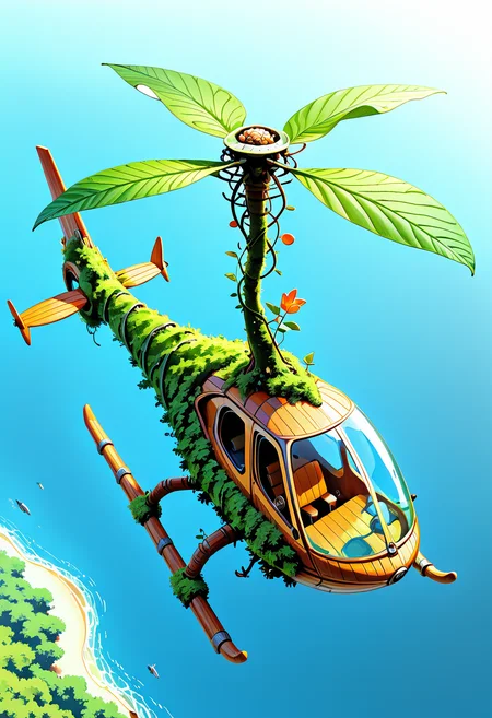 masterpiece, best quality, no humans, ,<lora:BioCopter_IXL:0.8>, BioCopter, camouflaged leaves, woody exterior, floating propellers, tendrils for control, tropical island, high-angle view, clear sky, powerful yet graceful motion, tranquil atmosphere â Above a tropical island, the BioCopter floats like a natural wonder, its camouflaged leaves blending seamlessly with the surrounding treetops. The woody exterior of the craft is sturdy, yet alive, as tendrils snake from the base to control its movement. Floating propellers made of intertwined vines spin slowly, propelling it through the clear blue sky. The high-angle view showcases the BioCopterâs elegant yet powerful motion, its presence tranquil and harmonious against the backdrop of a perfect day, as though it is a guardian of the island.