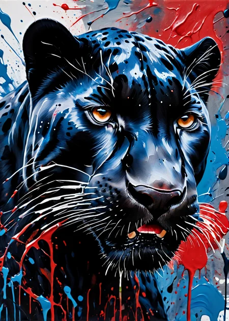 painting in red and blue, close-up of a black panther, <lora:MS_AcrylicArt_V1_SDXL:0.8> acrylic_painting, painting, brush strokes, paint drops, (paint splatter:1.5)