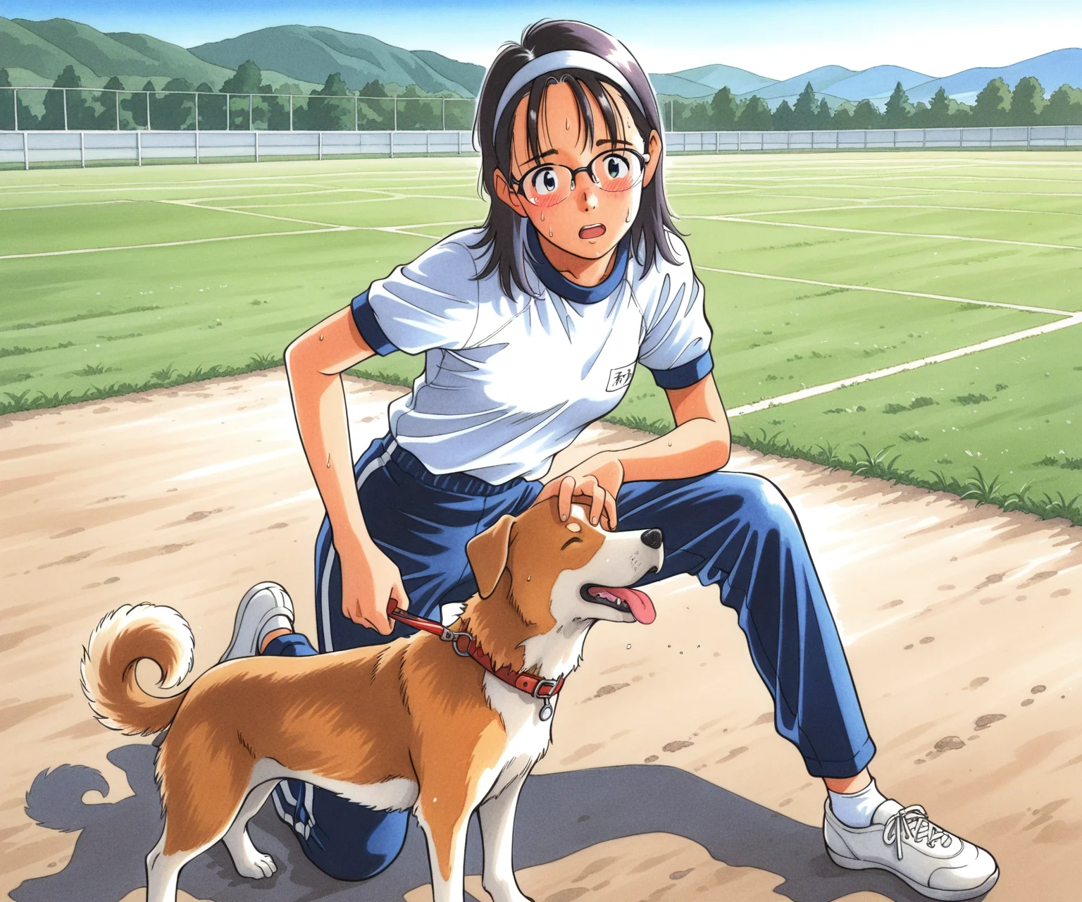 masterpiece, best quality, amazing quality, , 1girl, solo, gym uniform, pants, outdoors, medium hair, glasses, <lora:Kurita Yuugo style ILL-v2:1.2> kuritayuugo, dog,
