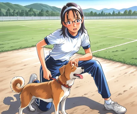 masterpiece, best quality, amazing quality, , 1girl, solo, gym uniform, pants, outdoors, medium hair, glasses, <lora:Kurita Yuugo style ILL-v2:1.2> kuritayuugo, dog,