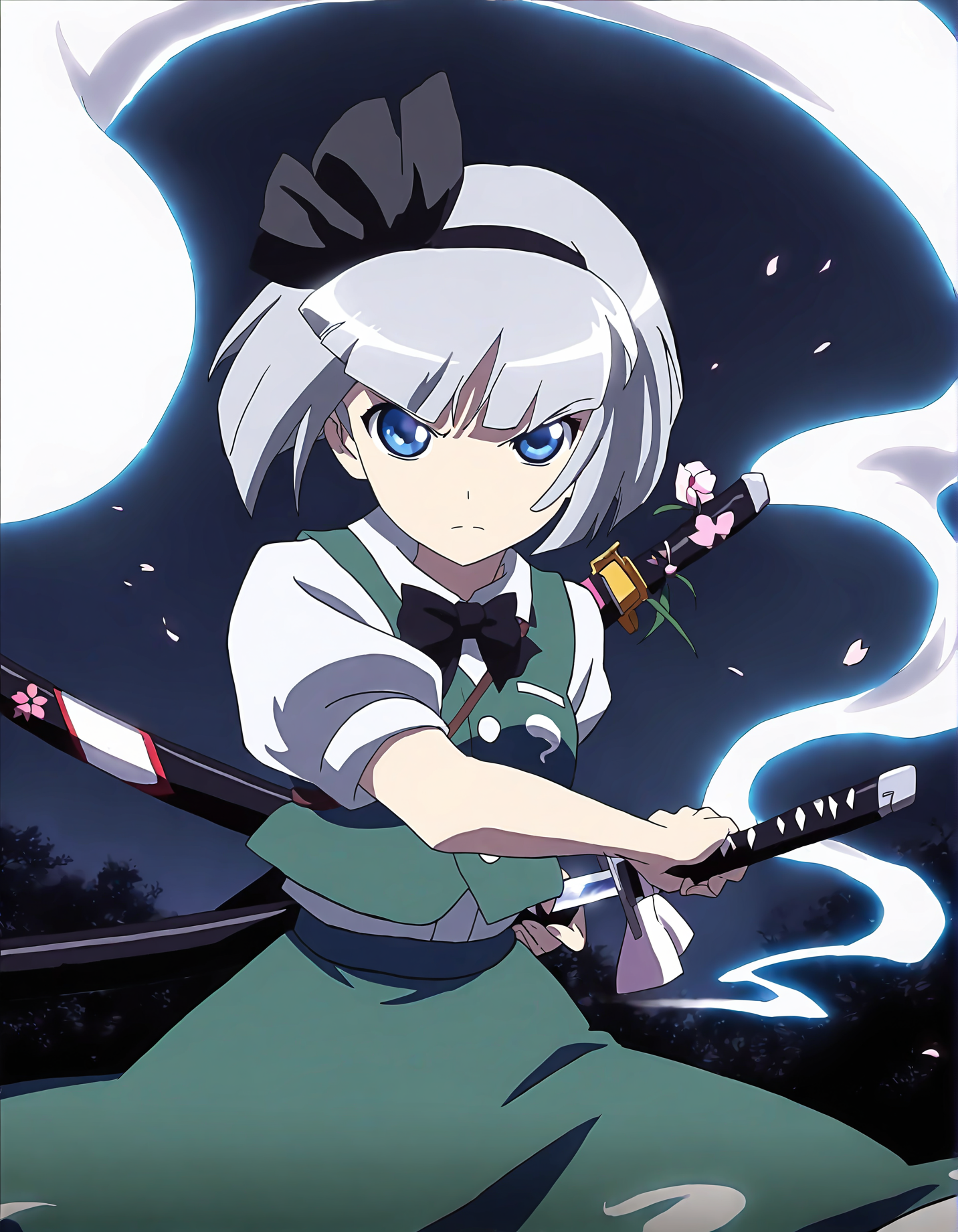 memoriesofphantasm, 1girl, konpaku youmu, weapon, sword, solo, konpaku youmu (ghost), short hair, katana, anime coloring, blue eyes, grey hair, sensitive, hairband, unsheathing, parody, sheath, black hairband, style parody, serious, night, bow, hitodama, vest, ribbon, blunt bangs
very awa, masterpiece, best quality, year 2024, newest, highres, absurdres, <lora:memories-of-phantasm-style-noobai-vpred10-logit:1>