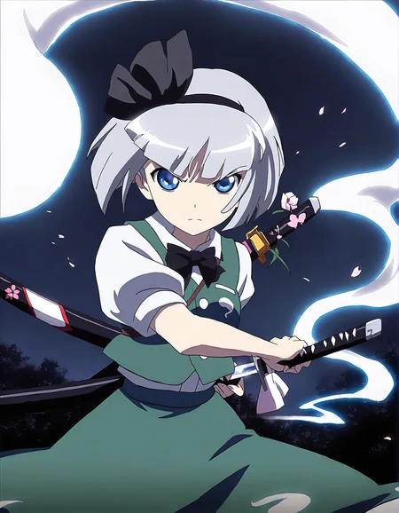 memoriesofphantasm, 1girl, konpaku youmu, weapon, sword, solo, konpaku youmu (ghost), short hair, katana, anime coloring, blue eyes, grey hair, sensitive, hairband, unsheathing, parody, sheath, black hairband, style parody, serious, night, bow, hitodama, vest, ribbon, blunt bangs
very awa, masterpiece, best quality, year 2024, newest, highres, absurdres, <lora:memories-of-phantasm-style-noobai-vpred10-logit:1>