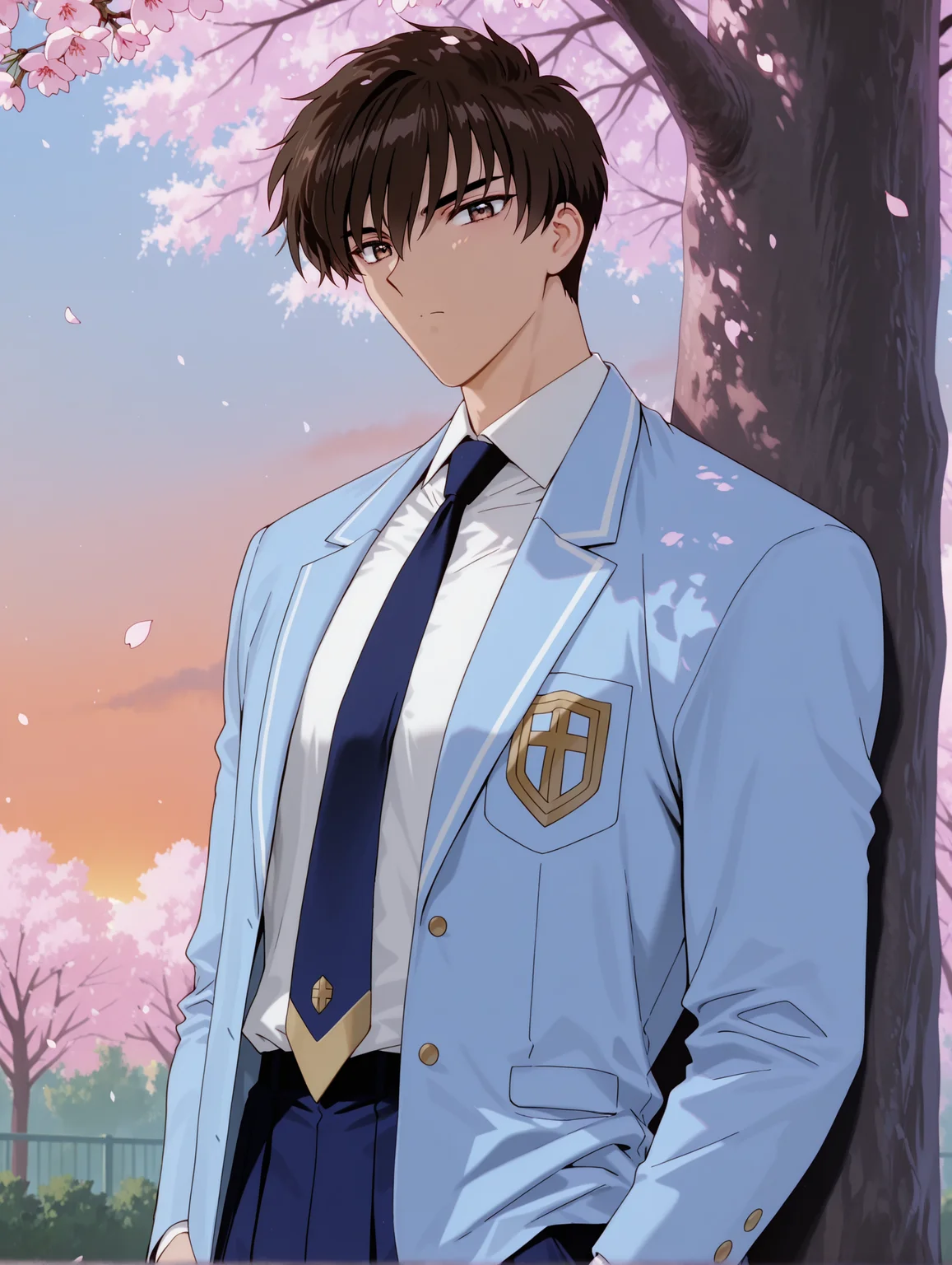 solo, male focus, 1boy, muscular male, masculine, kinomoto touya, brown hair, brown eyes, short hair, sky blue jacket, school uniform, dress shirt, tie,
BREAK
leaning back, leaning on tree, standing, looking at viewer,
outdoors, day, sunset , shadows, cherry blossoms, tree,
BREAK
newest, masterpiece, best quality, amazing quality, very aesthetic, absurdres, highres, year 2024, newest, perfect quality, absolutely eye-catching, detailed background, intricate details, anime screenshot, artist:moriimee, black outline,
yd \(orange maru\):0.8, mochirong:0.3, official art, <lora:add-detail-xl:0.8>,  <lora:illustriousXL_stabilizer_v1.23:0.2>,  <lora:spo_sdxl_10ep_4k-data_lora_webui:1>, <lora:Touya_Kinomoto_r1:1>,