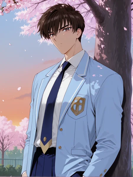 solo, male focus, 1boy, muscular male, masculine, kinomoto touya, brown hair, brown eyes, short hair, sky blue jacket, school uniform, dress shirt, tie,
BREAK
leaning back, leaning on tree, standing, looking at viewer,
outdoors, day, sunset , shadows, cherry blossoms, tree,
BREAK
newest, masterpiece, best quality, amazing quality, very aesthetic, absurdres, highres, year 2024, newest, perfect quality, absolutely eye-catching, detailed background, intricate details, anime screenshot, artist:moriimee, black outline,
yd \(orange maru\):0.8, mochirong:0.3, official art, <lora:add-detail-xl:0.8>, <lora:illustriousXL_stabilizer_v1.23:0.2>, <lora:spo_sdxl_10ep_4k-data_lora_webui:1>, <lora:Touya_Kinomoto_r1:1>,