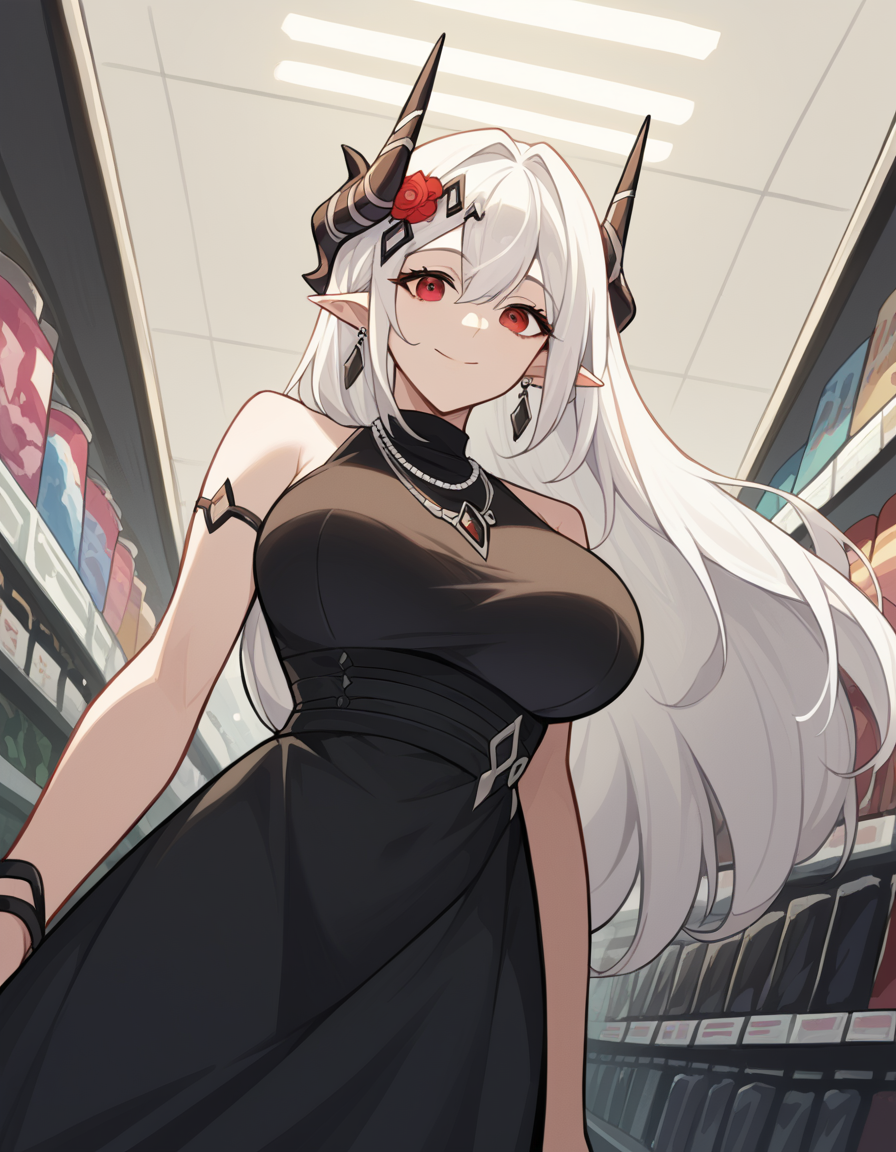 score_9, score_8_up, score_7_up, source_anime, <lora:arknights-mudrock-ponyxl-lora-nochekaiser:1>, mudrock, hair flower, flower, red eyes, white hair, long hair, large breasts, pointy ears, hair ornament, horns,, black dress, dress, earrings, jewelry, necklace, music store, browsing records, headphones, vinyl collection, nostalgic, smile, , smile, from below, solo,, cowboy shot, dutch angle