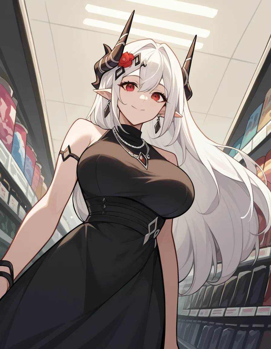 score_9, score_8_up, score_7_up, source_anime, <lora:arknights-mudrock-ponyxl-lora-nochekaiser:1>, mudrock, hair flower, flower, red eyes, white hair, long hair, large breasts, pointy ears, hair ornament, horns,, black dress, dress, earrings, jewelry, necklace, music store, browsing records, headphones, vinyl collection, nostalgic, smile, , smile, from below, solo,, cowboy shot, dutch angle