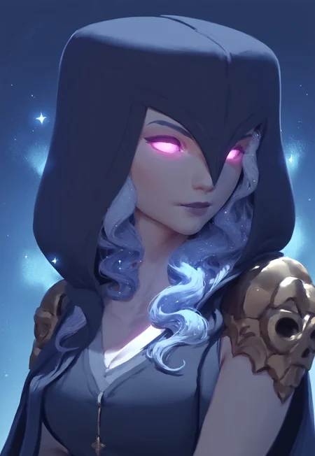 score_9, score_8_up, score_7_up, score_6_up, score_5_up, score_4_up, no pupils, witch_coc, hood  1girl, portrait, black hair, white inner hair, long wavy hair, mystical coat, stardust, glowing sparkles, ethereal, (beautiful:1.2), (elegant:1.1), (serene:1.1), source_fantasy, rating_safe