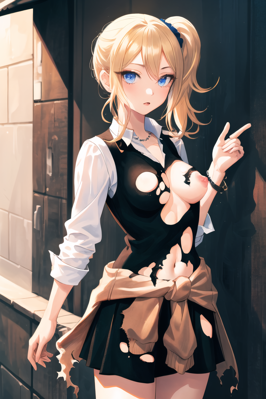 masterpiece, best quality, ultra-detailed, 1 girl, torn clothes, aahayasaka, side ponytail, medium breasts, necklace, collared shirt, black vest, sleeves rolled up, clothes around waist, black skirt, breasts, nipples, visible nipples, navel