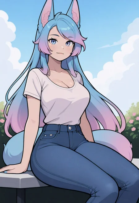 lazypos, 1girl, solo, thick thighs, skindentation, cleavage, medium breasts, 
jeans, tshirt, sitting, park, flowers, cloudy sky,
silvervale, fox ears, tail, gradient hair, multicolored hair, blue hair, pink hair, blue eyes,
