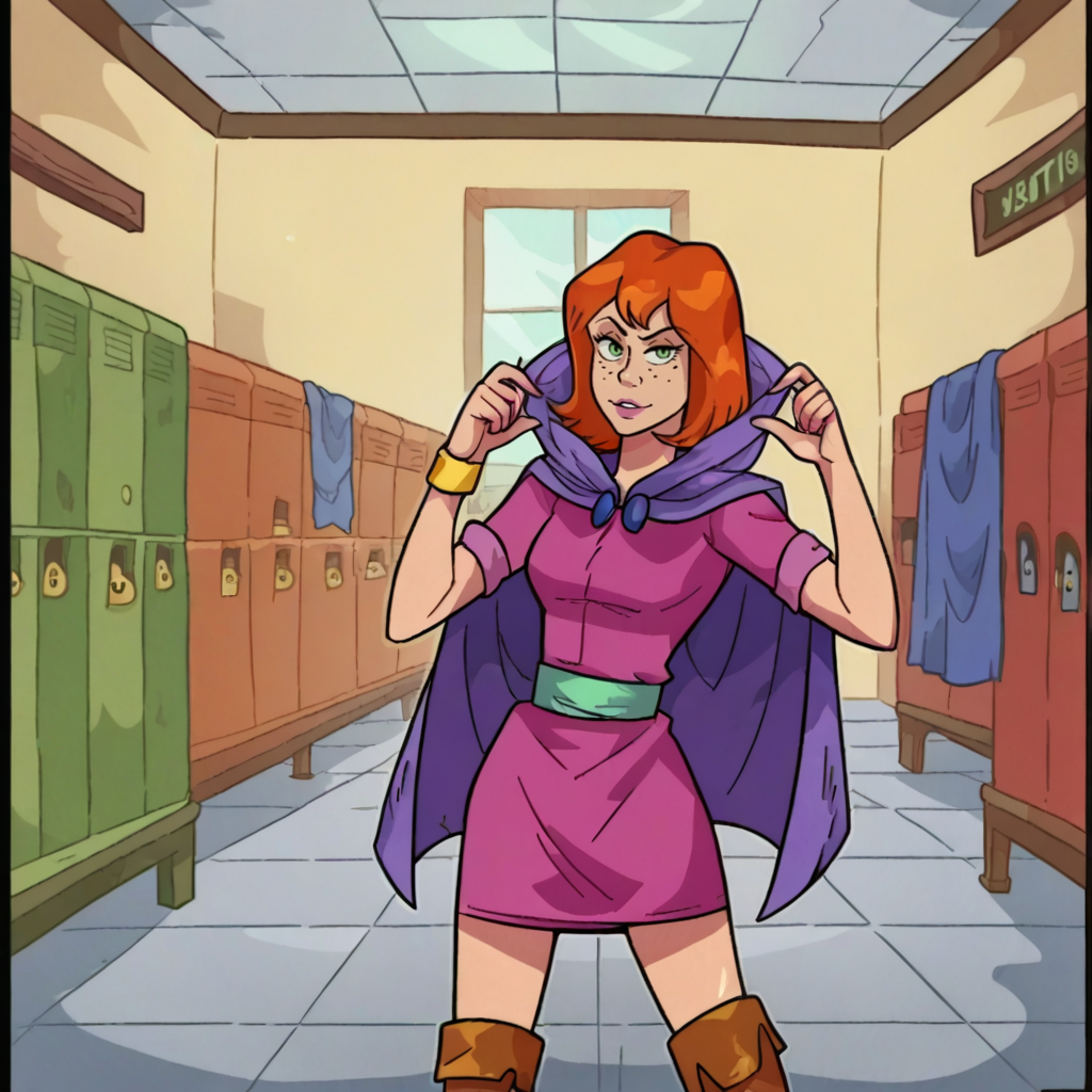score_9, school hallway, lockers, solo, <lora:MonsterProm_XL:0.7> monsterprom,   <lora:SheilaDD_XL:1> sheiladd, dungeons_and_dragons, red hair, short hair, cloak, leather boots, dress, belt, freckles