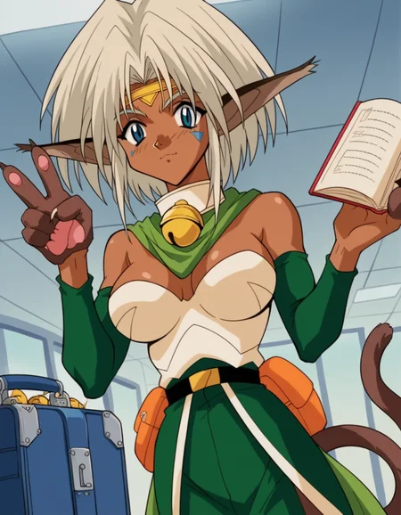 score_9, score_8_up, score_7_up, source_anime, <lora:aisha-clan-clan-s1-ponyxl-lora-nochekaiser:1>, aisha clan clan, blue eyes, large breasts, animal ears, white hair, cat ears, dark skin, dark-skinned female, 1990s (style), tail, cat tail, facial mark, short hair, pointy ears, retro artstyle,, collar, bell, neck bell, animal hands, circlet, detached sleeves, armor, collar,, airport, waiting area, suitcase, flight delayed, passengers, reading book, , looking at viewer, v,, solo,, cowboy shot, dutch angle,