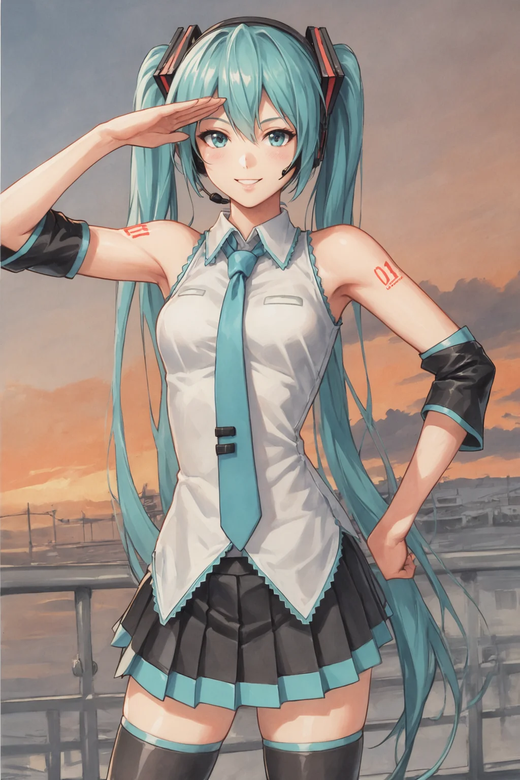 1girl,long hair,solo,hatsune miku,thighhighs,twintails,skirt,detached sleeves,very long hair,necktie,smile,aqua eyes,aqua hair,tattoo,shirt,black thighhighs,sleeveless,zettai ryouiki,black skirt,looking at viewer,headset,sleeveless shirt,hair ornament,pleated skirt,bare shoulders,aqua necktie,headphones,shoulder tattoo,white shirt,standing,black sleeves,miniskirt,salute,traditional media,score_8_up,<lora:Yutaka Izubuchi_XL_PONY:0.8>,