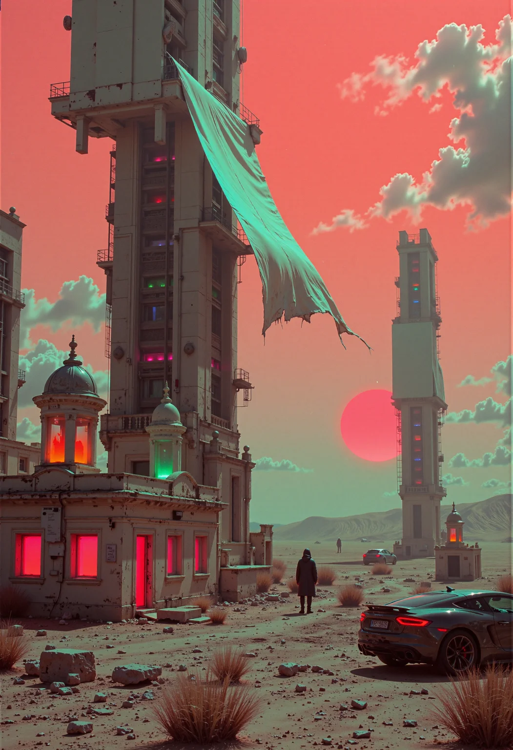 highest details, ultra hyper realism. highly detailed and realistic. intricate and highly professional artwork, an absolute masterpiece.
Monochrome with color accents, retro scan of 80s-anime-ai spectral neon gradient, a hauntingly dystopian 80s sci-fi aesthetic. Dark space tones, lofi retro-futuristic design, neon-pastel colors, grainy, vintage. A digital painting in the style of ck-js, Zelda-inspired towering solar sails amidst a barren wasteland. Colossal, weathered solar sails rise like skyscrapers into a pale, crimson sky, some fully extended to capture the dwindling energy of the sun, while others hang tattered and broken, their massive frames exposed to the elements. Beneath the sails lies a desolate desert of cracked, arid earth, littered with remnants of abandoned structuresâa translucent, decaying plastic mansion and glowing observation towers emitting faint neon hues of pink, green, and blue. The horizon is muted gray and beige, with swirling sand clouds that catch the dim light of a fractured, dystopian sun. The composition is cinematic, with volumetric lighting and a dusty atmosphere, soft shadows, and a shallow depth of field. Film grain adds a vintage, National Geographic-style texture to the scene, evoking both wonder and despair in this hyper-detailed, hyper-realistic masterpiece. The overall atmosphere captures the melancholic beauty of humanityâs once-grand technological ambitions now left to decay.
<lora:neon-mist03:0.8> neon-mist <lora:GrainScape:0.8> 8n8log, film photography aesthetic, film grain effect prominent throughout image, high contrast lighting creating dramatic shadows, grainy film-like texture <lora:artilands_v02_epoch_6:0.25>
