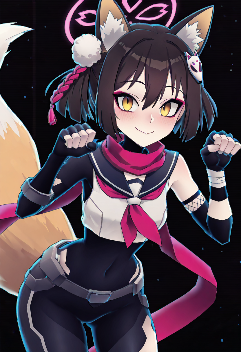 masterpiece, best quality, solo, curvy, beautiful eyes, narrow waist, wide hips, 1girl, solo, smile, looking at viewer, dynamic pose, paw pose,   zzIzuna, yellow eyes, fox ears, eyeshadow, hair between eyes, animal ear fluff, brown hair, hair ornament, medium hair, pink halo, pom pom hair ornament,   <lora:KudaIzunaBlueArchive_IXL_v1:1.0>,  , smile, looking at viewer, cowboy shot, dynamic pose,  zzCodeV, bodysuit, neon trim, armor, black bodysuit, dynamic pose, foreshortening, shiny, <lora:CodeVSnG_IXL:1.0>,