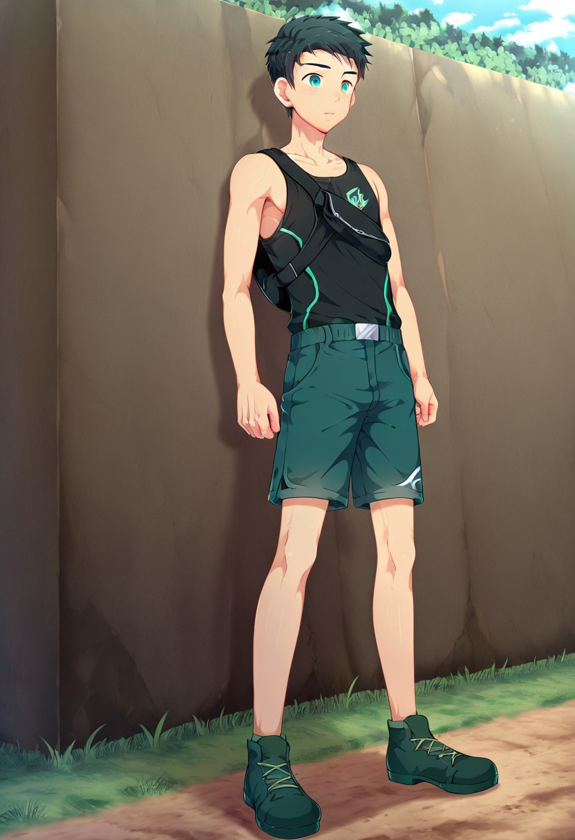 yuto_umemura, black hair, short hair, mint green eyes, 1boy, solo, male focus, black tank top, dark blue shorts, outdoor, he is wearing black chest bag, strong leg, standing, sunny day, at green field