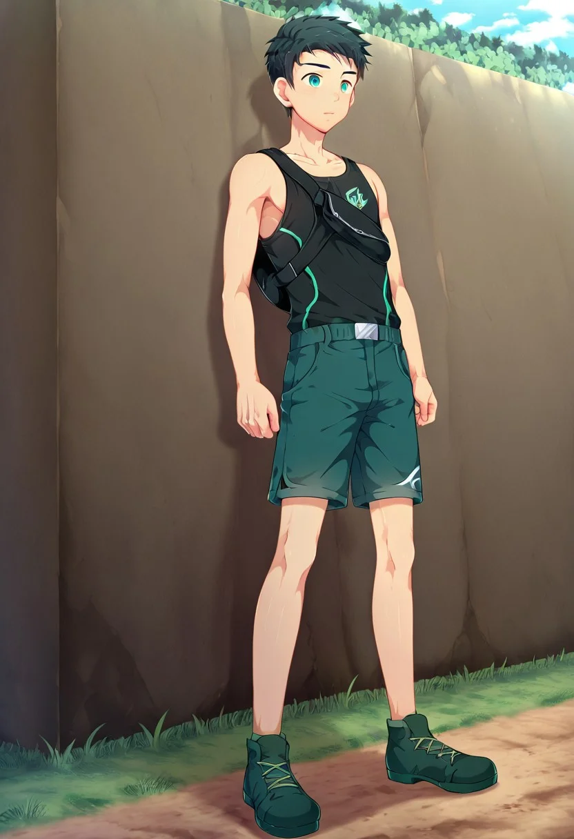 yuto_umemura, black hair, short hair, mint green eyes, 1boy, solo, male focus, black tank top, dark blue shorts, outdoor, he is wearing black chest bag, strong leg, standing, sunny day, at green field