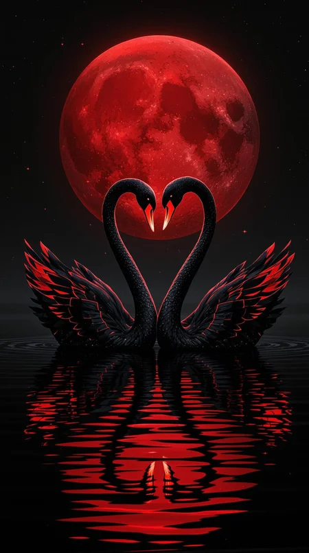 A cinematic illustration of two swans entwined as a heart shape in the still waters of a serene lake. The swans are artfully painted in a striking black and sleek red design. The vibrant red accents draw the eye, creating a bold and eye-catching contrast against the deep, enigmatic black background. The full red moon casts its ethereal glow on the scene, adding to the mystique. The overall effect is a striking conceptual art piece that explores the themes of love, passion, and the unknown.