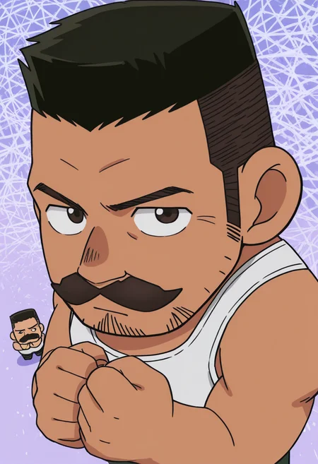 1boy, (chibi:1.5), white tank top, looking at viewer, abstract background, clenched hands, hands up, own hands together, from above,
BREAK
<lora:Inspector_Yuminaga_from_Detective_Conan_v1.0:1> (thick mustache:1.5), (long sideburns:1.5),
inspectoryuminaga, mature male, stubble, black hair, flattop, anime screencap, dark skin,
<lora:perspective:1> perspective,
BREAK
very awa, masterpiece, best quality, absurdres, newest, perfect quality, detailed background, intricate details,