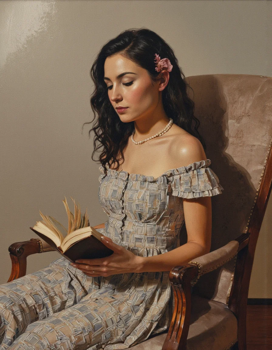 Art by Linda Delahaye. An oil painting shoot from a profile camera angle about a woman sitting in a chair, reading a book, wearing a checkered off-the-shoulder dress and a pearl necklace, with a pink hair clip in her hair. on the middle of the image, a woman, who appears to be in her late 20s, with long, wavy black hair, is sitting on a beige chair. she is facing the viewer, with her eyes closed, and is holding a book in her hands. the woman has a serene expression, and her body is slim. the background is a simple, neutral-colored wall, and the lighting is soft and warm, creating a cozy atmosphere. the overall mood is relaxed and contemplative.
