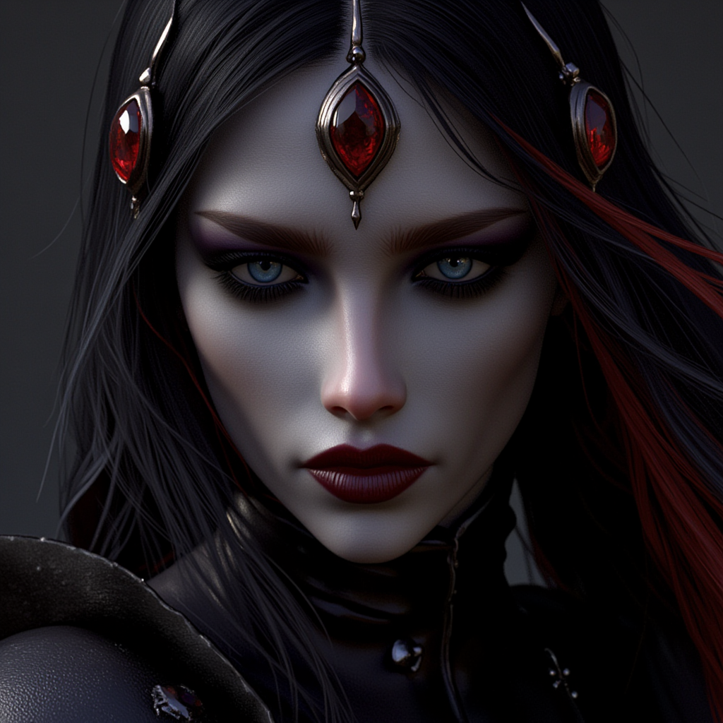 ArsMJStyle, dnddarkestfantasy, , dark vampire queen, with a crown of ruby jewels, dark eyeliner, fangs showing