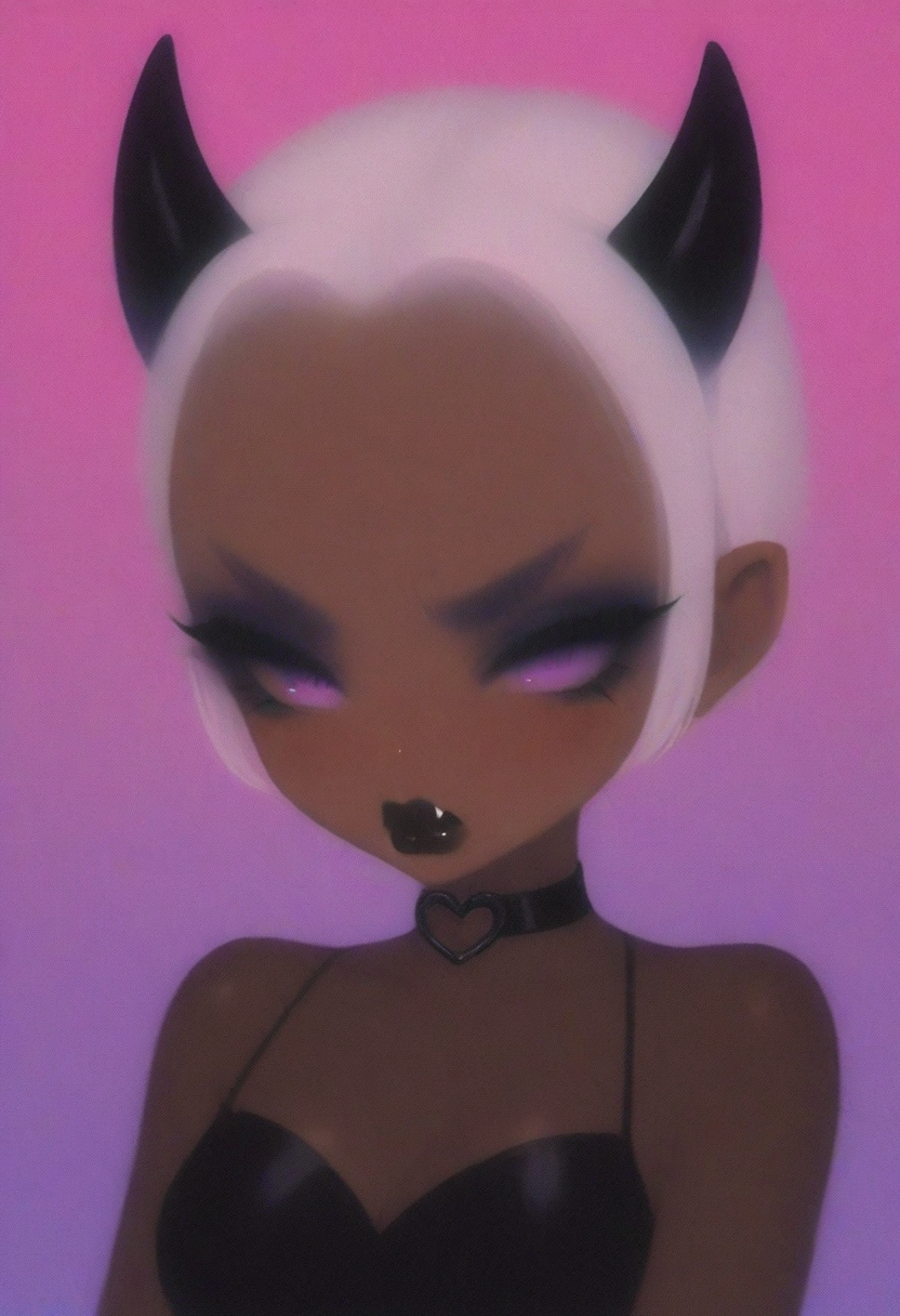 petrasvoice,  vivid colors,  demon girl, horns, large purple eyes, black lipstick, mascara, grumpy, fangs, loveheart background, 