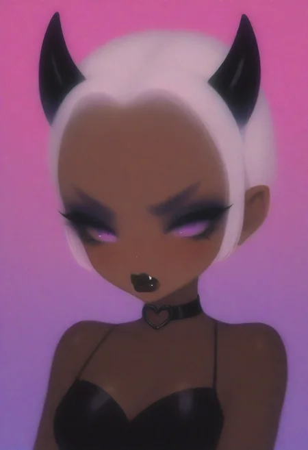 petrasvoice, vivid colors, demon girl, horns, large purple eyes, black lipstick, mascara, grumpy, fangs, loveheart background,