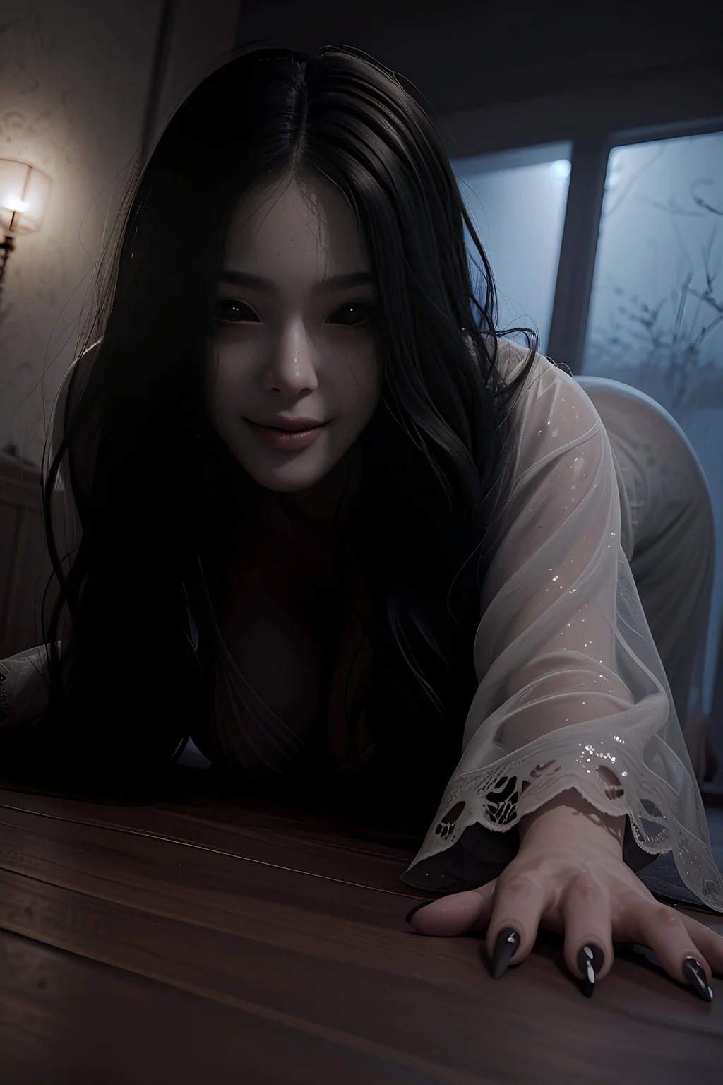 zPDXL3, nsfw, source_anime, 8K Ultra HD Wallpaper, (photorealistic:1), (Extremely Detailed CG Unity), <lora:Expressive_H:0.5>, <lora:3d_render_pdxl_goofy:0.35>, <lora:TheOnryoLxl:0.8>, theonryoxl, solo, (female adult in her forties:1.3), MILF, <lora:milfication_pdxl_goofy:0.8>, (curvy body:1.5), detailed face, gorgeous face, <lora:Hair Length Slider - PNY_alpha1.0_rank4_noxattn_last:-2.15>, long hair, black hair, slightly wavy hair, silky messy hair, wet hair, hair over one eye, intricate hair details, pale white skin, almost translucent skin with subtle veins, natural huge breasts, saggy breast, cleavage, (tattered white dress with sleeves:1.3), see-through dress, wet dress, (solid jet-black eyes:1.3), black pupils, cold eyes, long lashes, glossy plump lips, sharp nails, flawless complexion, eerie wide smile, head tilt to the side, leaning in, on all fours, on wooden floor, crawling, looking at viewer, one hand reaching out viewer, elegant yet uncanny posture, uncanny hand gestures, perfect anatomical proportions, indoors, decaying room, night time, window, curtain, raining, misty, dimly lit, backlit, front side view, close-up shot, diagonal angle shot, visible body silhouette, visible lower body, sharp focus, eerie shadows, misty, flickering lights, bokeh, subsurface scattering on skin, dark, unsettling eerie ambiance, horror \(theme\), cinematic composition, overall desaturated colors, vibrant blood trails, colors, cinematic color grading, depth of field, <lora:add-detail-xl:1.5>.