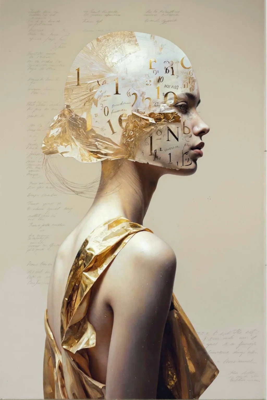 By Tom Nulens. This is a high-resolution, digitally manipulated photograph featuring a stylized portrait of a woman. The image is set against a soft, beige background with subtle, faded text in a script-like font. The woman's face is adorned with a surreal, abstract overlay of mathematical symbols, such as numbers and letters, which appear to be made of a metallic, gold material. The overlay is dynamic, with some symbols appearing to flow and merge into the background, creating a sense of movement and depth.
Her skin is a pale, creamy tone, and her hair is completely bald, emphasizing the contrast with the metallic overlay. The woman is wearing a flowing, golden garment that drapes elegantly over her shoulders and down her back, adding to the ethereal, otherworldly atmosphere of the image. The fabric has a smooth, glossy texture, reflecting light and adding a shimmering effect.
Her profile is the focus of the image, with her head turned slightly to the left, giving a sense of contemplation and introspection. The overall style of the photograph is avant-garde, blending elements of surrealism and digital art, with a focus on abstract expressionism and the interplay between human form and mathematical symbolism. <lora:Tom_Nulens:0.8045440673828125>
