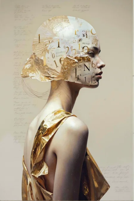 By Tom Nulens. This is a high-resolution, digitally manipulated photograph featuring a stylized portrait of a woman. The image is set against a soft, beige background with subtle, faded text in a script-like font. The woman's face is adorned with a surreal, abstract overlay of mathematical symbols, such as numbers and letters, which appear to be made of a metallic, gold material. The overlay is dynamic, with some symbols appearing to flow and merge into the background, creating a sense of movement and depth.
Her skin is a pale, creamy tone, and her hair is completely bald, emphasizing the contrast with the metallic overlay. The woman is wearing a flowing, golden garment that drapes elegantly over her shoulders and down her back, adding to the ethereal, otherworldly atmosphere of the image. The fabric has a smooth, glossy texture, reflecting light and adding a shimmering effect.
Her profile is the focus of the image, with her head turned slightly to the left, giving a sense of contemplation and introspection. The overall style of the photograph is avant-garde, blending elements of surrealism and digital art, with a focus on abstract expressionism and the interplay between human form and mathematical symbolism. <lora:Tom_Nulens:0.8045440673828125>