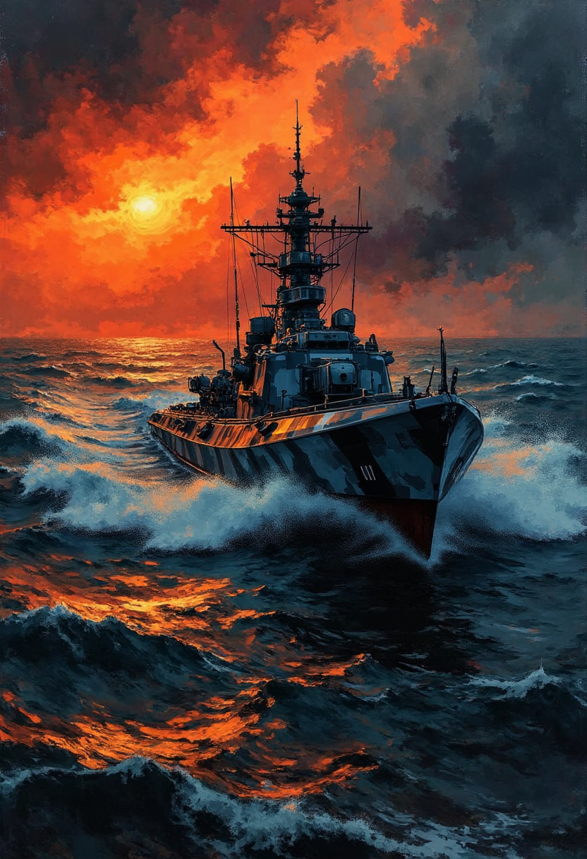 Dark and moody yfg-daak, An ink wash painting, intricate linework with expressive contrasts, gradient vibrant neon color, rough, textural, broad brush strokes, a sleek military torpedo boat in camouflage grays and blacks traversing rapidly across a choppy ocean, sunset.