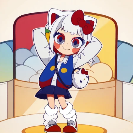 score_9, score_8_up, score_7_up BREAK HKGrl, 1girl, white hair, white bob cut, red gray eyes, pink cheeks, red hair bow, apple hairclips, white red cat ears, open white blue red yellow-button jacket, white buttoned undershirt, pleated dark blue skirt, long loose socks, red white shoes, full body, smiling at viewer, hello_kitty bag, hands behind head,