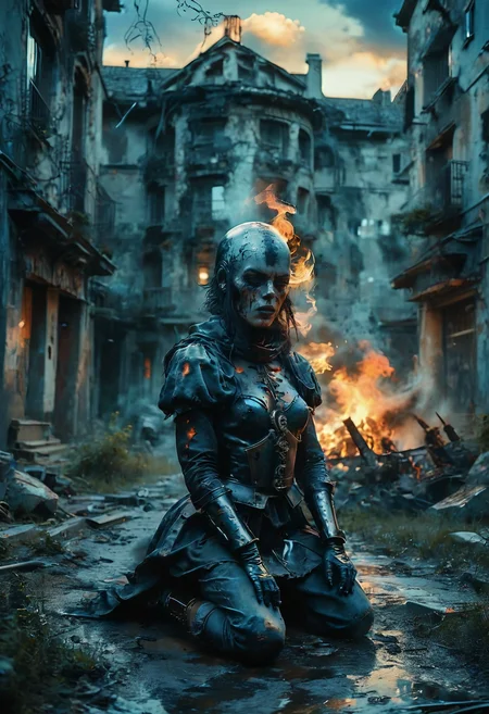 (Full body photograph, ultra-realistic:1.2). score_9, score_8_up, score_7_up, female gothic sexbomb knight , portrait, kneeling, defeated, tired, gothic armor, open helmet, temple, reflections, highly detailed, film grain, <lora:zy_Realism_Enhancer_v1:0.75>
BREAK scenery. sky. outdoors. cloud. fire. building. tree. burning. cloudy sky. smoke. sunset. nature. city. cityscape. blue sky. The photograph captures a moment during sunset with dramatic cloud formations that are tinged by fiery oranges and deep purples against an otherwise muted sky.
<lora:MoodySky_set2:0.01>