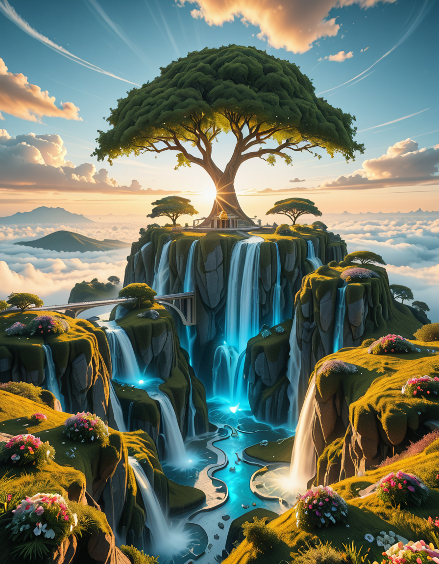 A mesmerizing celestial background featuring an otherworldly paradise. Towering crystalline mountains with peaks that glow softly under a sky painted in shifting hues of iridescent blues, pinks, and golds. Rivers of liquid light flow through vast, open meadows filled with luminescent flowers that pulse with a gentle glow. Gigantic, translucent trees with silver leaves sway in a breeze that carries floating particles of golden dust. Suspended bridges made of shimmering energy connect ancient, floating monoliths engraved with intricate celestial patterns. In the distance, an enormous radiant waterfall cascades into a bottomless, mist-covered abyss, reflecting the surrounding ethereal glow. A tranquil atmosphere, untouched and divine, filled with an overwhelming sense of wonder and serenity.
<lora:SDXLFaeTastic2400:0.4> <lora:extremely_detailed:0.4> extremely detailed,heavenly l4ndsc4p3, <lora:heavenly_l4ndsc4p3-i:1>, Masterpiece,best quality,hi res,8k,hi res,8k,award winning,(sharp focus, intricate, highly detailed),