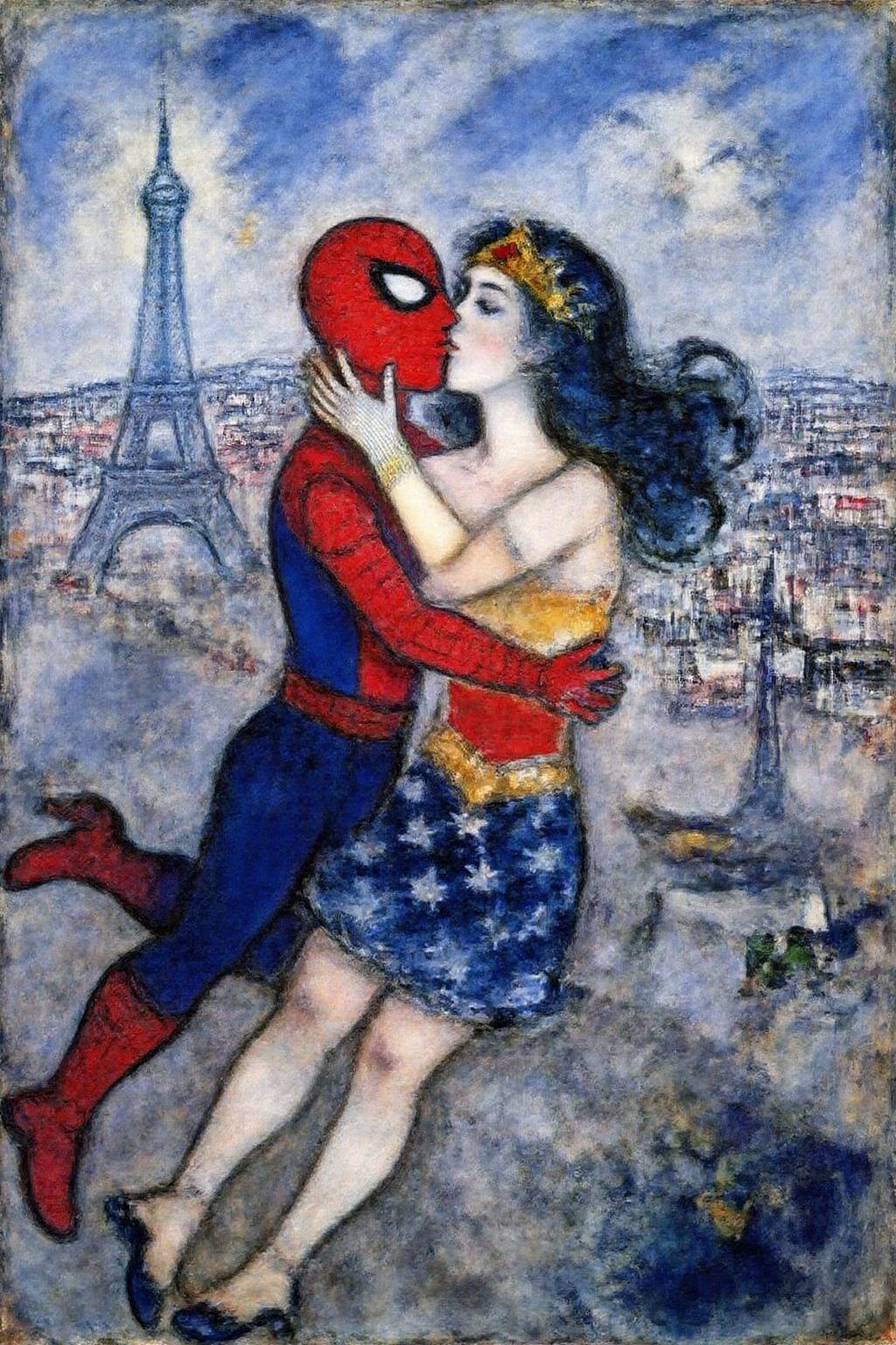 marcha9 painting 
spiderman and wonder woman, kissing, floating above paris <lora:marcha2_cap_d6a3e15:1.0><lora:814275595732042785:0>