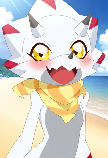 score_9, score_8_up, score_7_up,8k,(masterpiece,best quality)),best res,,good anatomy,cute,(sexy:1.3),ultra cute, ,face,hot,female,smiling,extremely detailed face,4k,happy, upper body,,detailed eyes,beautiful,smiling,,cute,very cute,upper body,tall,arms,, blush, perfect lighting, hips, skinny,,smiling,tall female,gammamon, solo, smile, open mouth, yellow eyes, horns, scarf, no humans, fangs, beach, digimon (creature), yellow scarf