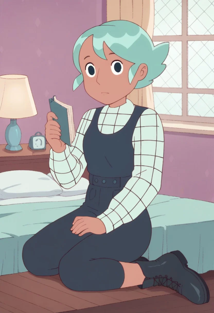 score_8, score_8_up, score_7_up, 1girl, female focus, Solo, Cass_BAP, light tanned skin, dark blue eyes, mint green hair, short hair, white and green checkered shirt, dark blue pinafore with pockets, black fitted pants, black boots, full body, indoors, bed, bedroom, nightstand, lamp, window
