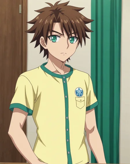 score_9, score_8_up, source_anime, anime screencap, original style, depth of field, BREAK, rating_safe, 1boy, solo, male focus, adult, <lora:toujou_basara_pony:1>, toujou_basara_pony, brown hair, green eyes, short hair, bangs, cowboy shot, gakuran, expresionless, standing, looking at viewer, facing viewer, <lora:sdxl_lightning_8step_lora:1>