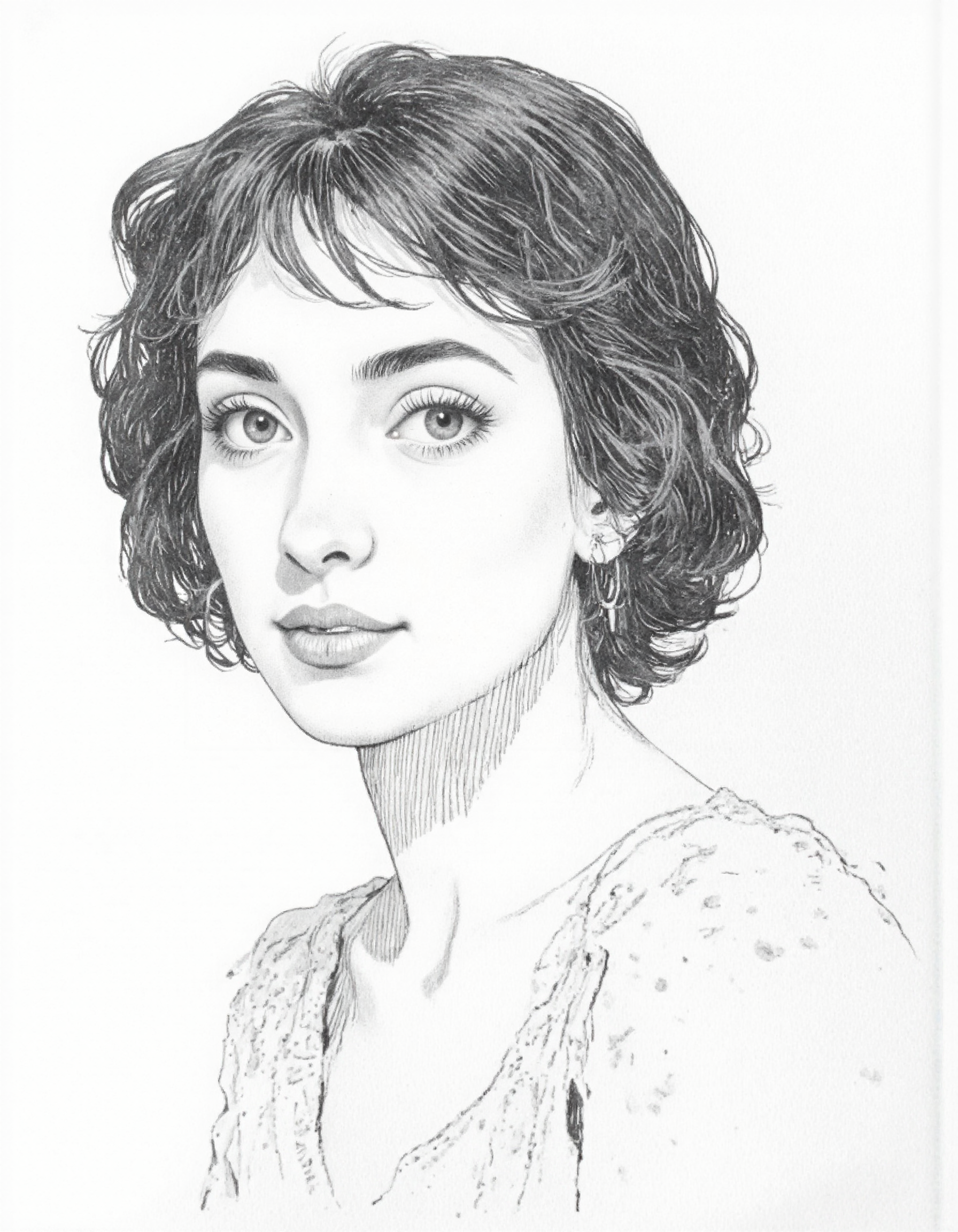 <lora:mig4v:1>, This image is a black-and-white line drawing, likely created with a pen or pencil, of, <lora:Dark_Ghibli:0.8>, masterpiece iconic portrait of pretty mature woman with black hair dressed white summer cotton dress, <lora:test:1>