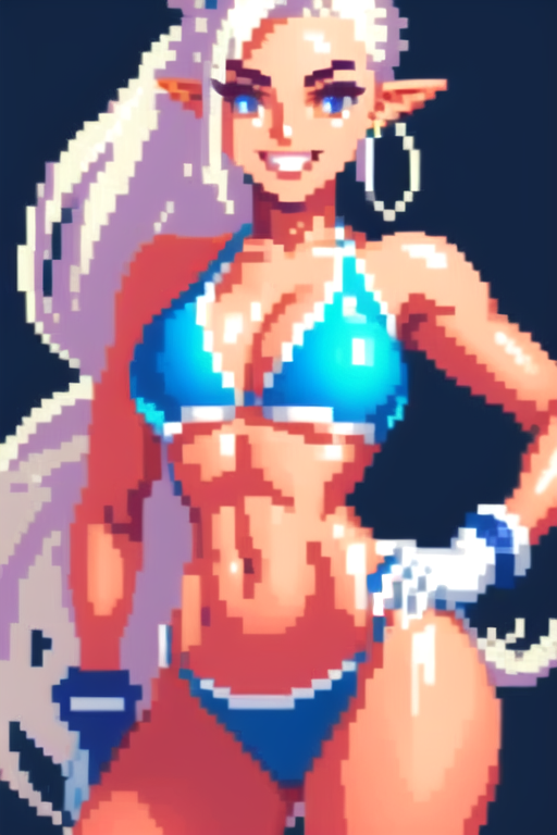 <lora:pixel:0.9>(((pixelart)))  1girl, solo, long hair, breasts, looking at viewer, smile, simple background, red eyes, gloves, navel, jewelry, swimsuit, ponytail, white hair, bikini, earrings, pointy ears, black gloves, elbow gloves, hand on hip, blue background, red bikini